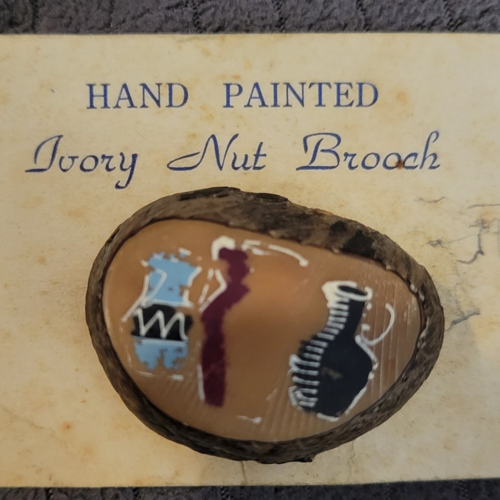 Vintage Hand Painted Ivory Nut Brooch